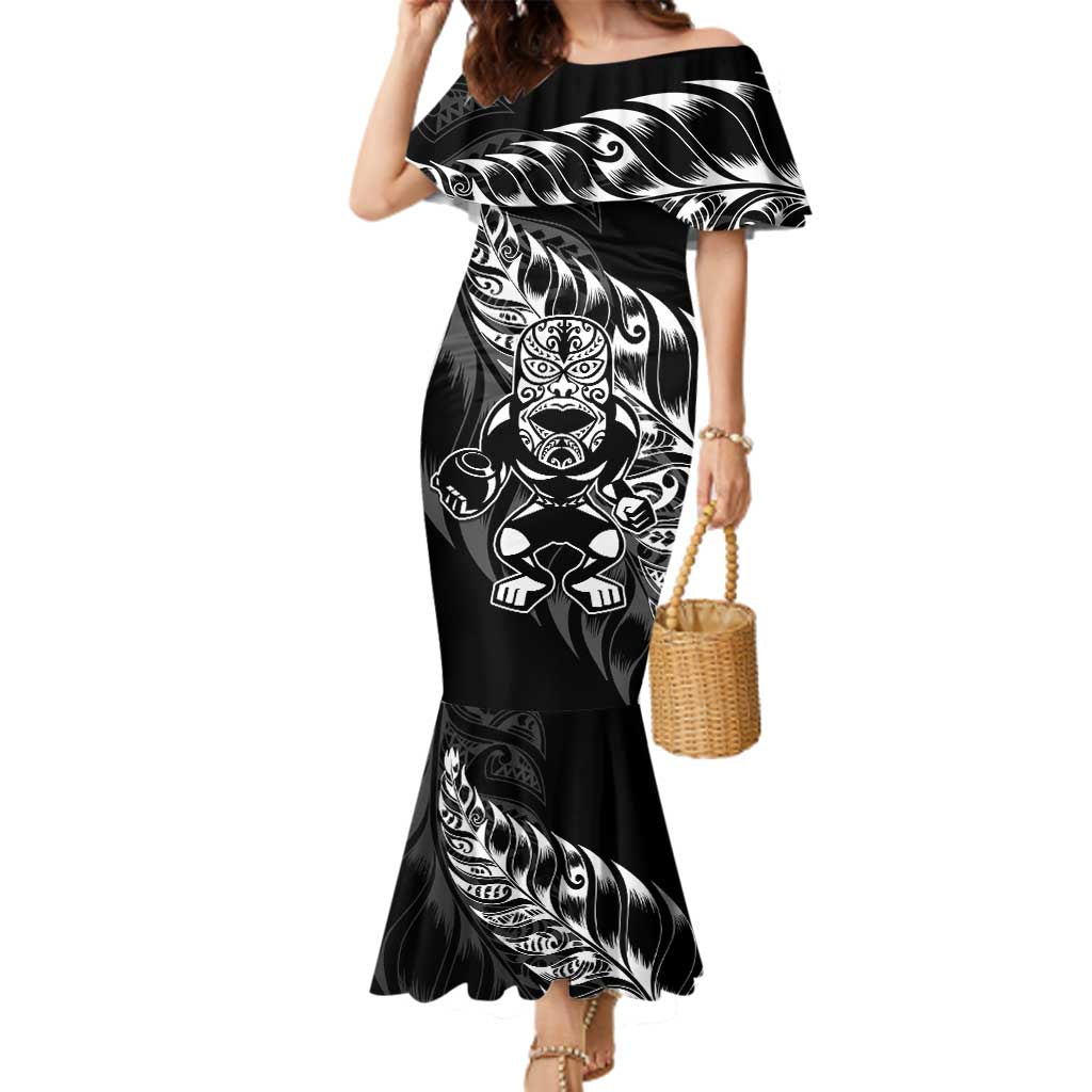 New Zealand Lawn Bowls Custom Family Matching Mermaid Dress and Hawaiian Shirt Black Maori Warrior Tribal Silver Fern LT9 Mom's Dress Black - Polynesian Pride