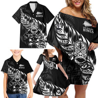 New Zealand Lawn Bowls Custom Family Matching Off Shoulder Short Dress and Hawaiian Shirt Black Maori Warrior Tribal Silver Fern LT9 - Polynesian Pride
