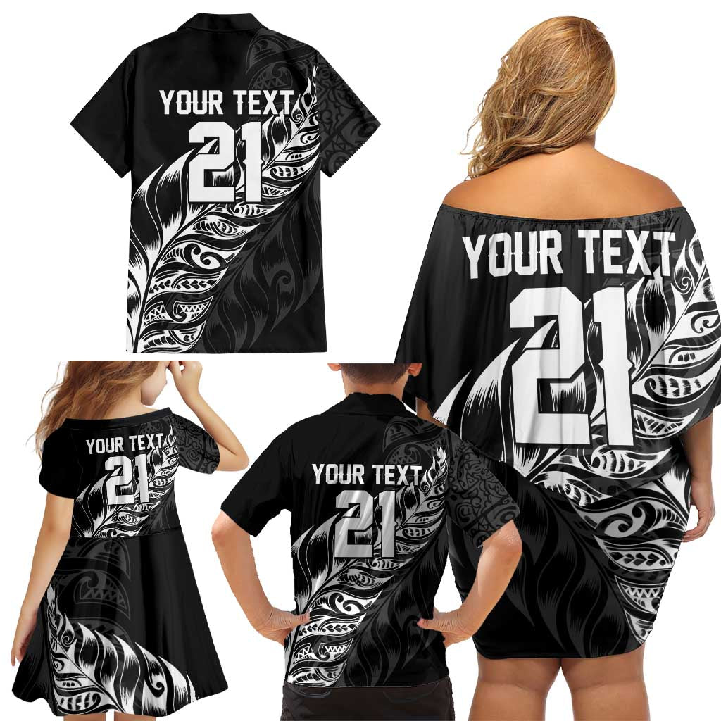 New Zealand Lawn Bowls Custom Family Matching Off Shoulder Short Dress and Hawaiian Shirt Black Maori Warrior Tribal Silver Fern LT9 - Polynesian Pride