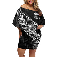 New Zealand Lawn Bowls Custom Family Matching Off Shoulder Short Dress and Hawaiian Shirt Black Maori Warrior Tribal Silver Fern LT9 Mom's Dress Black - Polynesian Pride