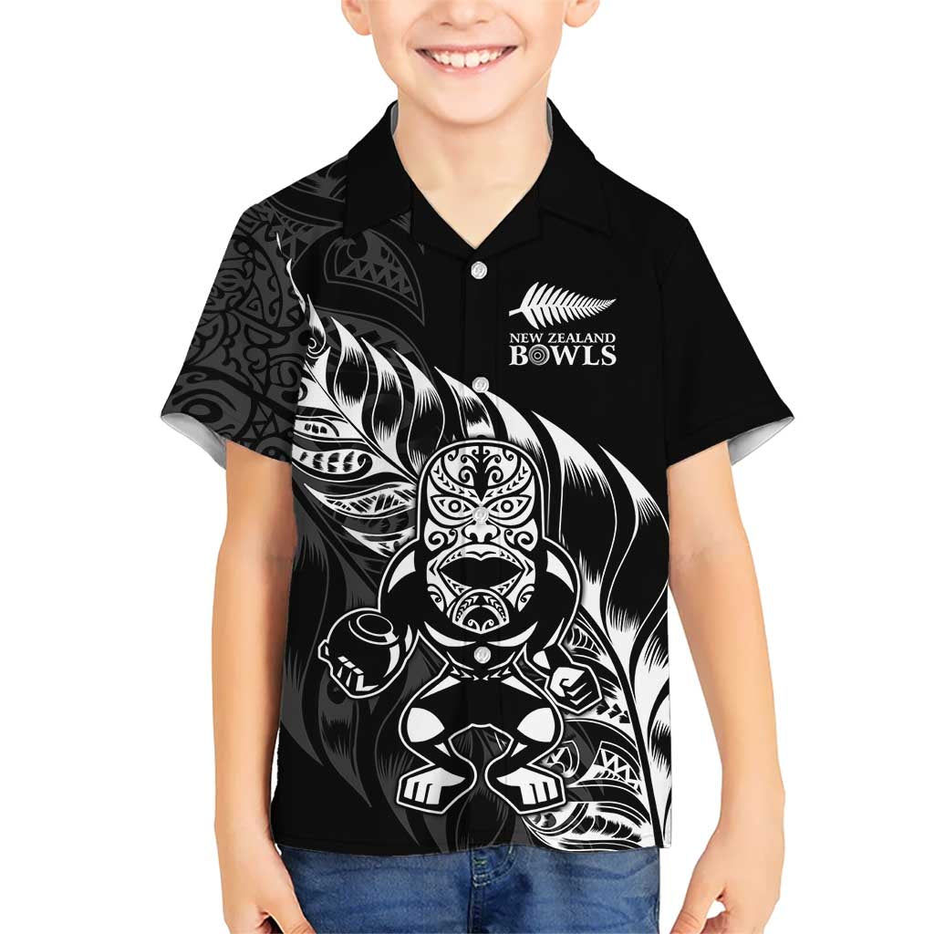 New Zealand Lawn Bowls Custom Family Matching Off Shoulder Short Dress and Hawaiian Shirt Black Maori Warrior Tribal Silver Fern LT9 Son's Shirt Black - Polynesian Pride