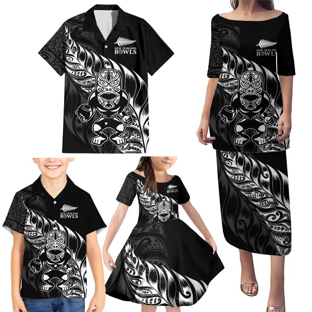 New Zealand Lawn Bowls Custom Family Matching Puletasi and Hawaiian Shirt Black Maori Warrior Tribal Silver Fern - Polynesian Pride