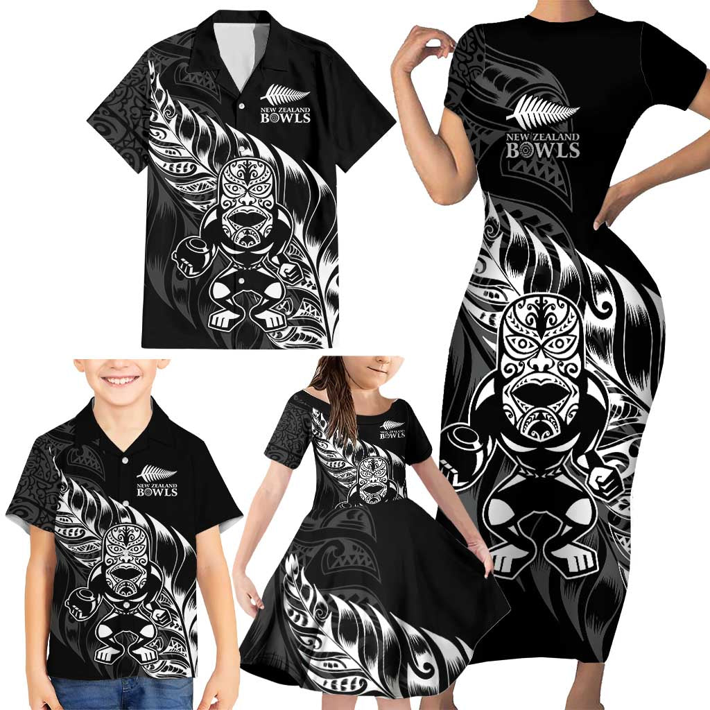 New Zealand Lawn Bowls Custom Family Matching Short Sleeve Bodycon Dress and Hawaiian Shirt Black Maori Warrior Tribal Silver Fern - Polynesian Pride
