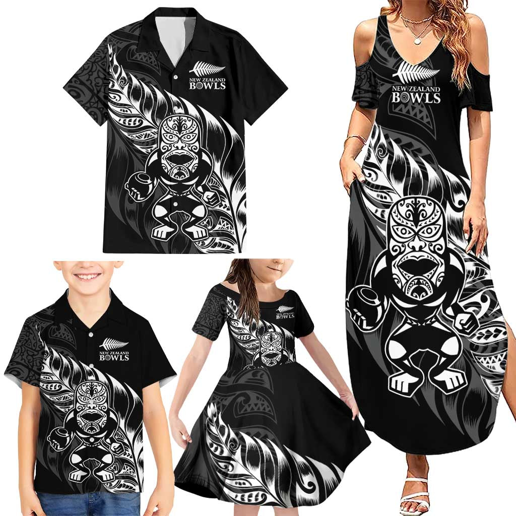 New Zealand Lawn Bowls Custom Family Matching Summer Maxi Dress and Hawaiian Shirt Black Maori Warrior Tribal Silver Fern LT9 - Polynesian Pride