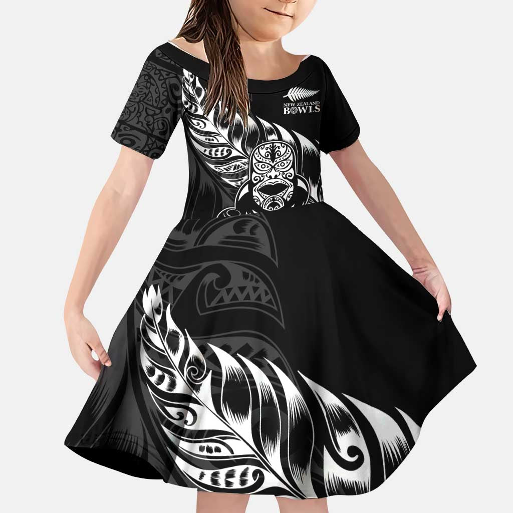 New Zealand Lawn Bowls Custom Family Matching Tank Maxi Dress and Hawaiian Shirt Black Maori Warrior Tribal Silver Fern LT9 Daughter's Dress Black - Polynesian Pride