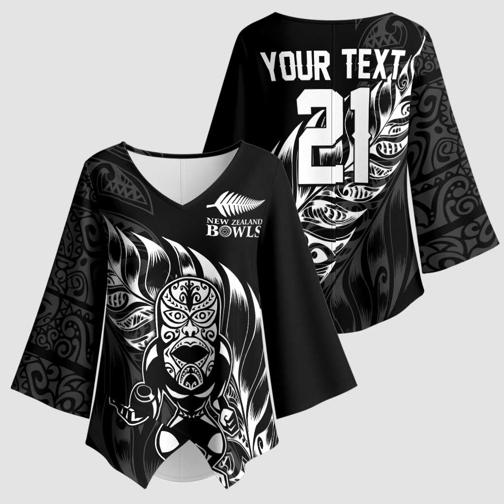 New Zealand Lawn Bowls Custom Kimono Sleeve Blouse Black Maori Warrior Tribal Silver Fern - Polynesian Pride