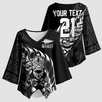 New Zealand Lawn Bowls Custom Kimono Sleeve Blouse Black Maori Warrior Tribal Silver Fern - Polynesian Pride