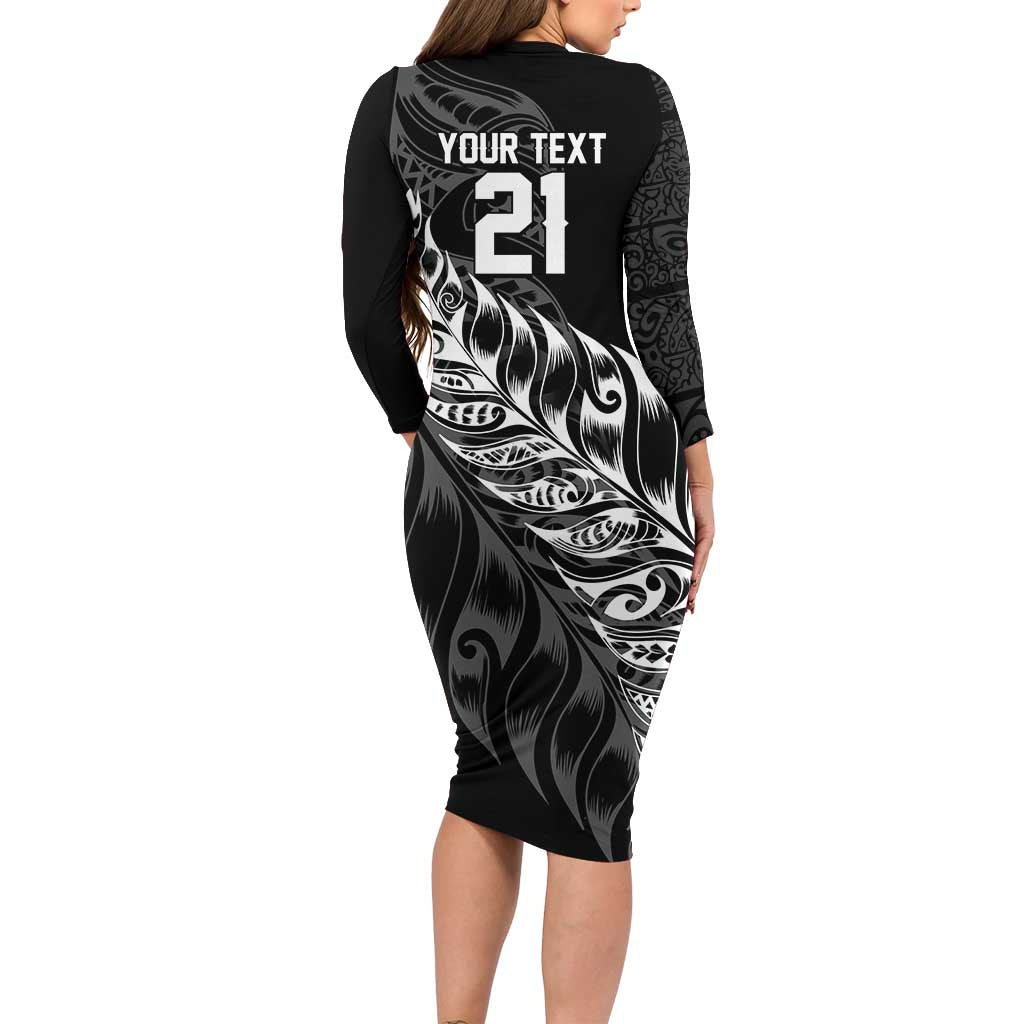 New Zealand Lawn Bowls Custom Long Sleeve Bodycon Dress Black Maori Warrior Tribal Silver Fern LT9 - Polynesian Pride