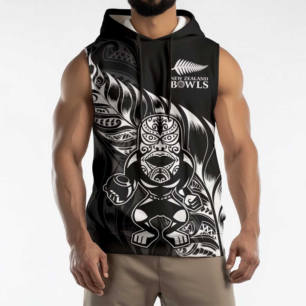 New Zealand Lawn Bowls Custom Sleeveless Hoodie Black Maori Warrior Tribal Silver Fern - Polynesian Pride