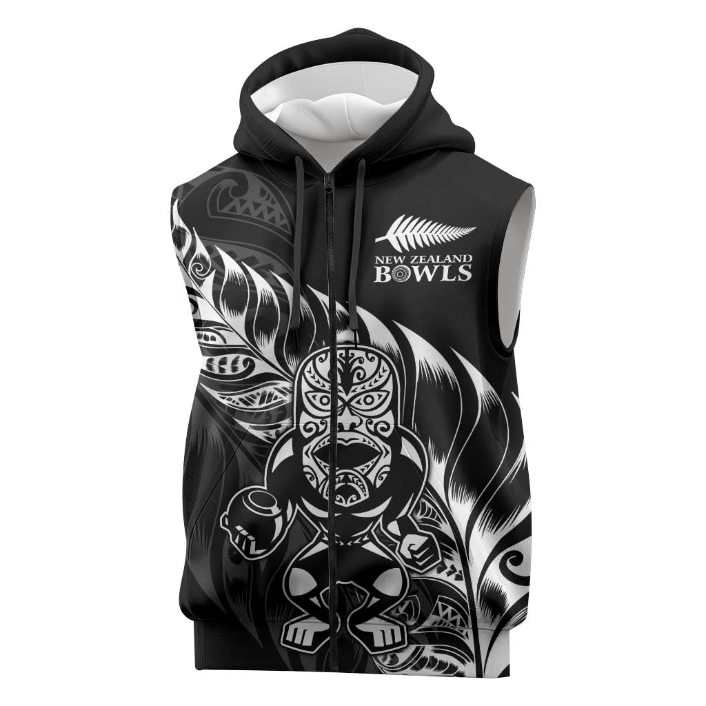 New Zealand Lawn Bowls Custom Sleeveless Zip Hoodie Black Maori Warrior Tribal Silver Fern LT9 Black - Polynesian Pride