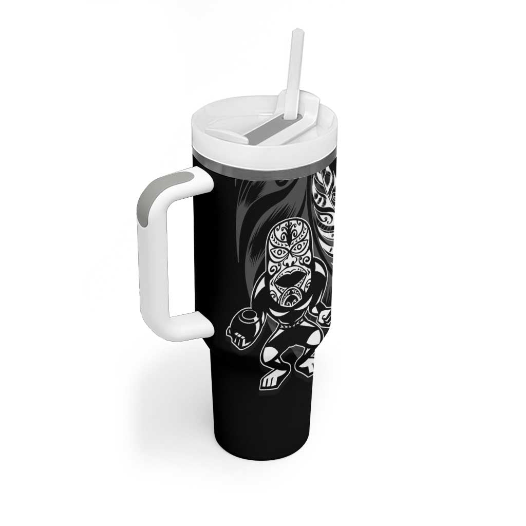 New Zealand Lawn Bowls Custom Tumbler With Handle Black Maori Warrior Tribal Silver Fern - Polynesian Pride