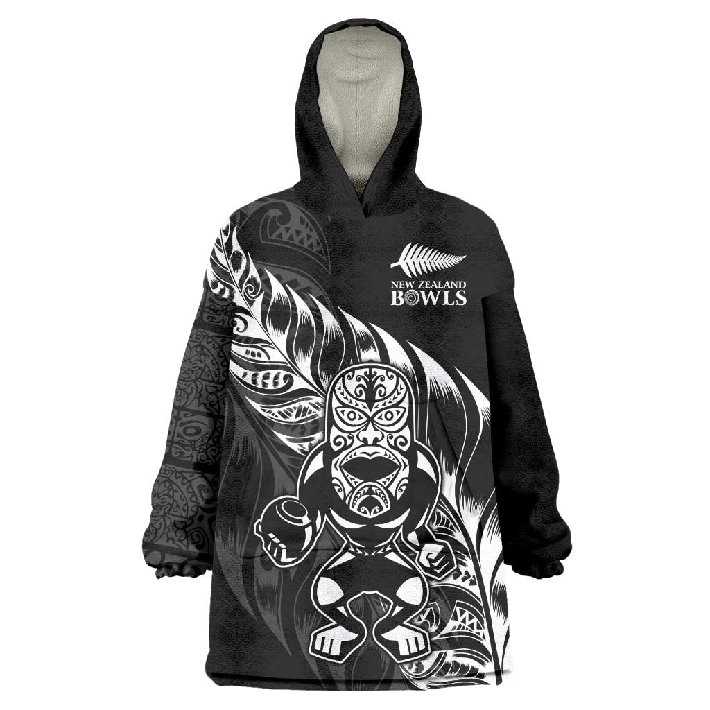 New Zealand Lawn Bowls Custom Wearable Blanket Hoodie Black Maori Warrior Tribal Silver Fern LT9 One Size Black - Polynesian Pride