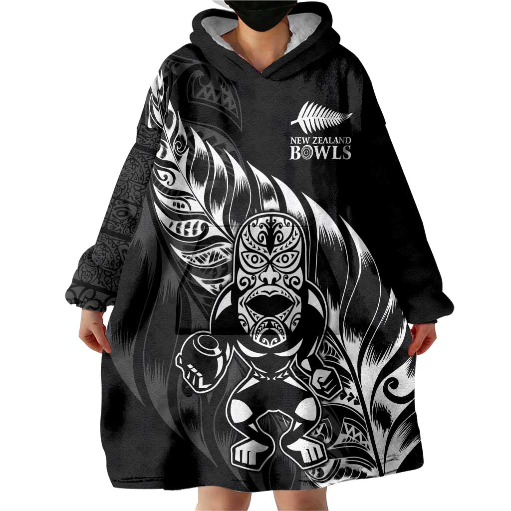 New Zealand Lawn Bowls Custom Wearable Blanket Hoodie Black Maori Warrior Tribal Silver Fern LT9 - Polynesian Pride