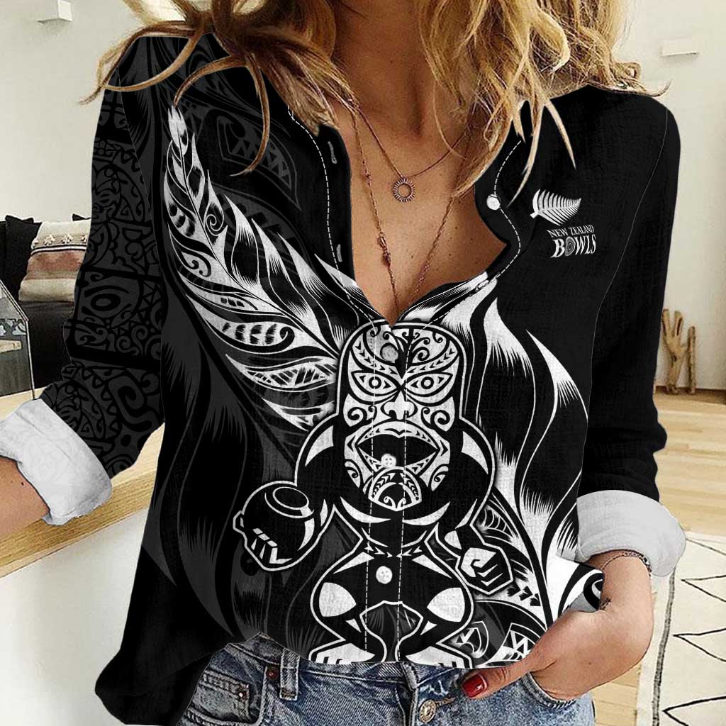 New Zealand Lawn Bowls Custom Women Casual Shirt Black Maori Warrior Tribal Silver Fern LT9 Female Black - Polynesian Pride