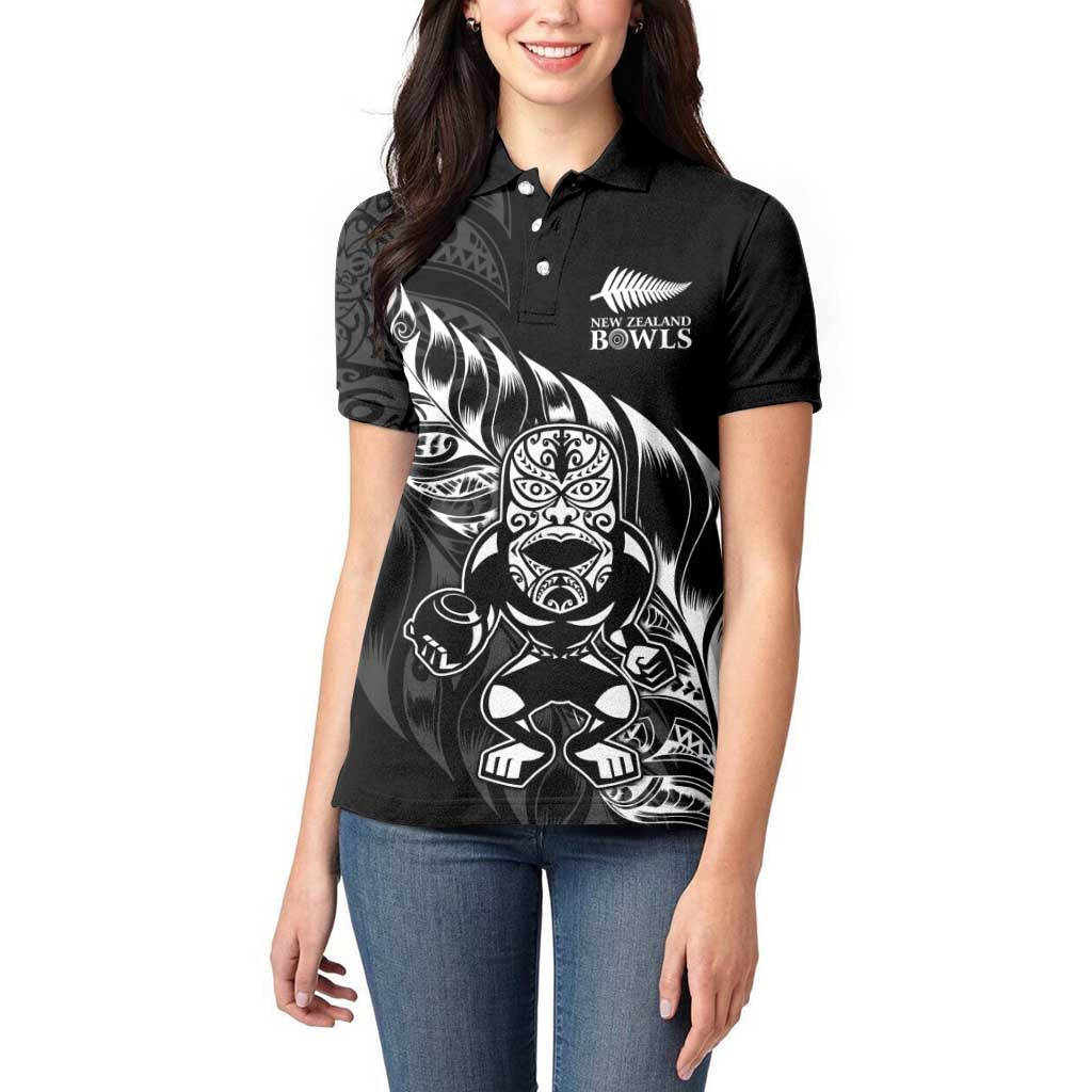 New Zealand Lawn Bowls Custom Women Polo Shirt Black Maori Warrior Tribal Silver Fern LT9 - Polynesian Pride