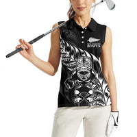 New Zealand Lawn Bowls Custom Women Sleeveless Polo Shirt Black Maori Warrior Tribal Silver Fern LT9 - Polynesian Pride