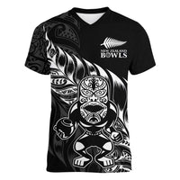 New Zealand Lawn Bowls Custom Women V-Neck T-Shirt Black Maori Warrior Tribal Silver Fern LT9 Female Black - Polynesian Pride