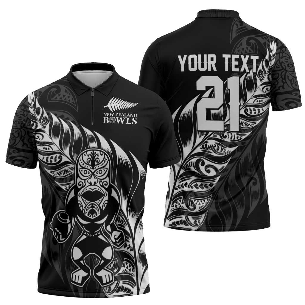 New Zealand Lawn Bowls Custom Zipper Polo Shirt Black Maori Warrior Tribal Silver Fern LT9 - Polynesian Pride