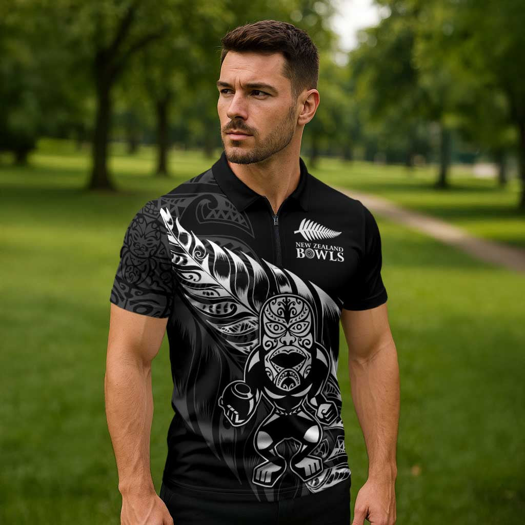 New Zealand Lawn Bowls Custom Zipper Polo Shirt Black Maori Warrior Tribal Silver Fern LT9 - Polynesian Pride
