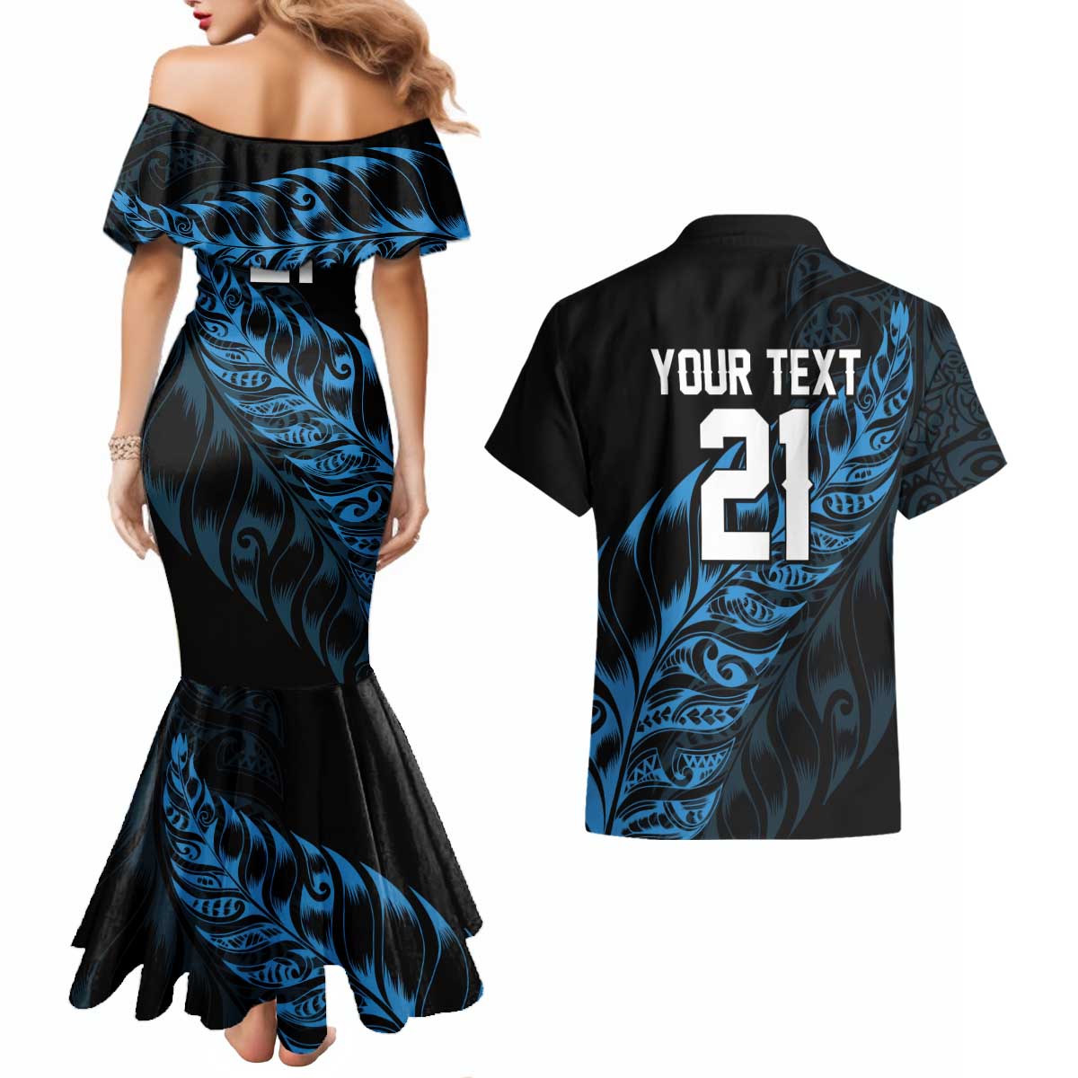 New Zealand Lawn Bowls Custom Couples Matching Mermaid Dress and Hawaiian Shirt Blue Maori Warrior Tribal Silver Fern LT9 - Polynesian Pride