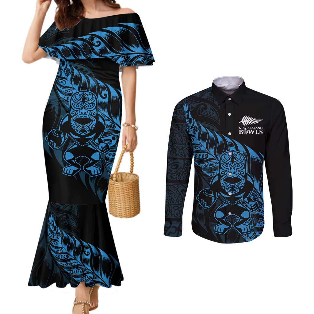New Zealand Lawn Bowls Custom Couples Matching Mermaid Dress and Long Sleeve Button Shirt Blue Maori Warrior Tribal Silver Fern - Polynesian Pride