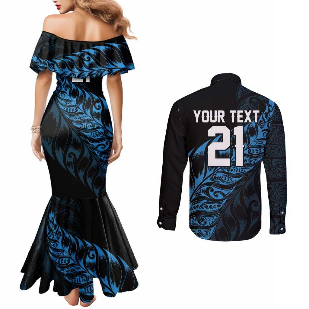 New Zealand Lawn Bowls Custom Couples Matching Mermaid Dress and Long Sleeve Button Shirt Blue Maori Warrior Tribal Silver Fern LT9 - Polynesian Pride