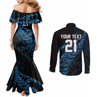New Zealand Lawn Bowls Custom Couples Matching Mermaid Dress and Long Sleeve Button Shirt Blue Maori Warrior Tribal Silver Fern LT9 - Polynesian Pride