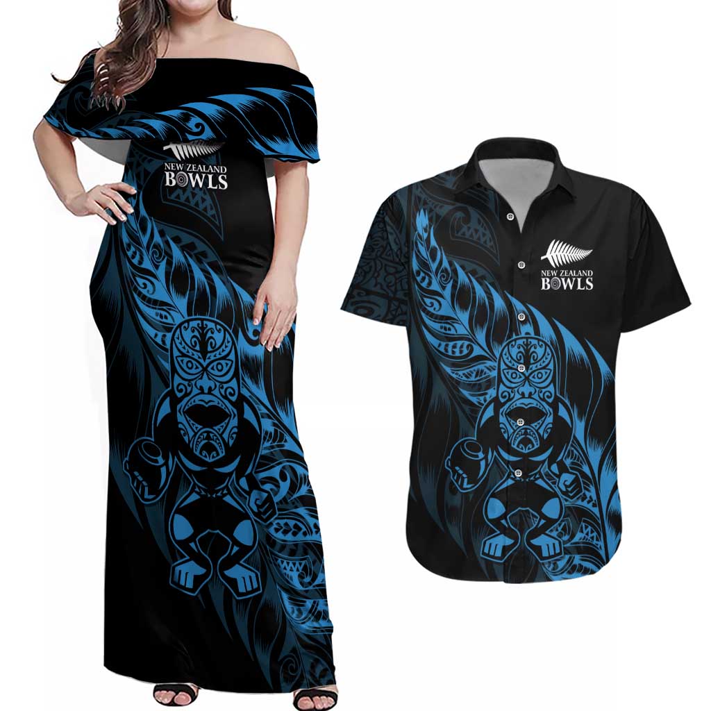 New Zealand Lawn Bowls Custom Couples Matching Off Shoulder Maxi Dress and Hawaiian Shirt Blue Maori Warrior Tribal Silver Fern LT9 Blue - Polynesian Pride