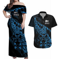 New Zealand Lawn Bowls Custom Couples Matching Off Shoulder Maxi Dress and Hawaiian Shirt Blue Maori Warrior Tribal Silver Fern LT9 Blue - Polynesian Pride