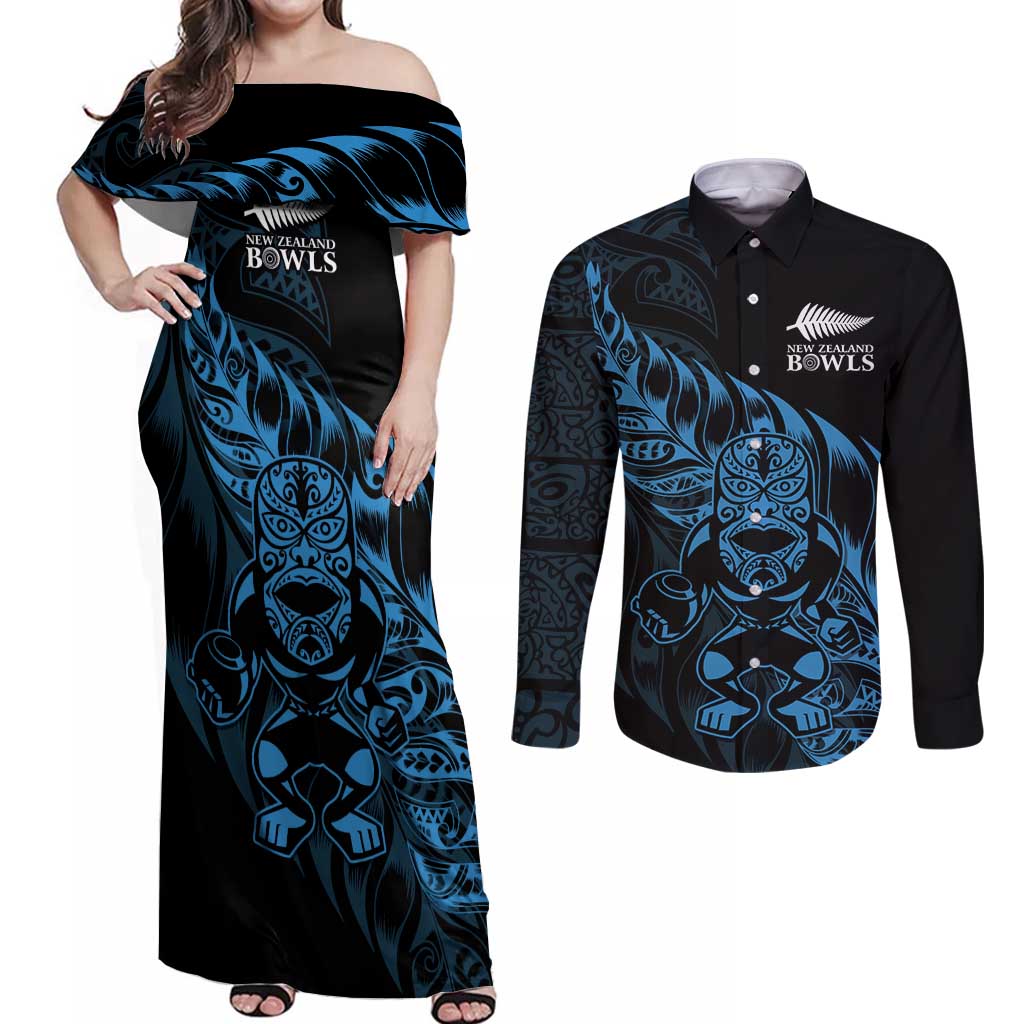 New Zealand Lawn Bowls Custom Couples Matching Off Shoulder Maxi Dress and Long Sleeve Button Shirt Blue Maori Warrior Tribal Silver Fern LT9 Blue - Polynesian Pride