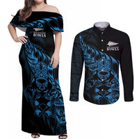 New Zealand Lawn Bowls Custom Couples Matching Off Shoulder Maxi Dress and Long Sleeve Button Shirt Blue Maori Warrior Tribal Silver Fern LT9 Blue - Polynesian Pride