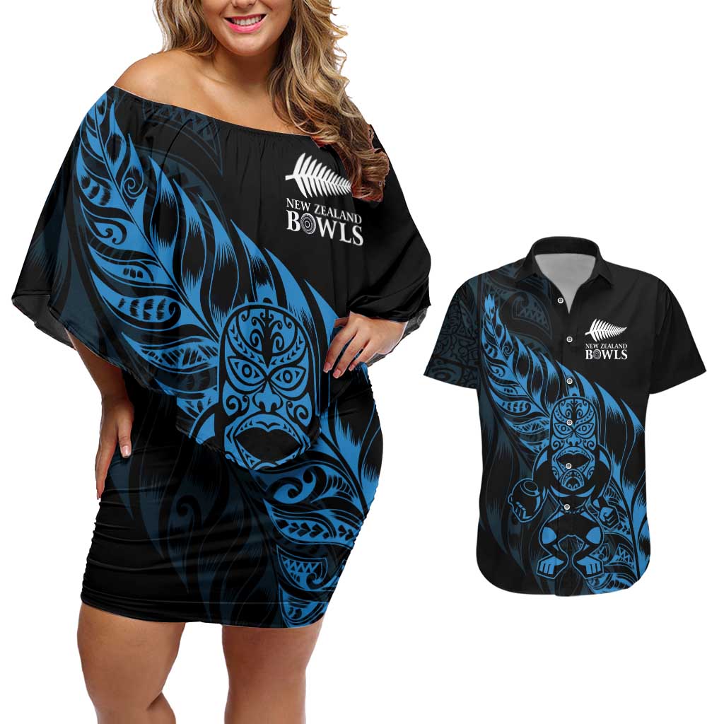 New Zealand Lawn Bowls Custom Couples Matching Off Shoulder Short Dress and Hawaiian Shirt Blue Maori Warrior Tribal Silver Fern LT9 Blue - Polynesian Pride
