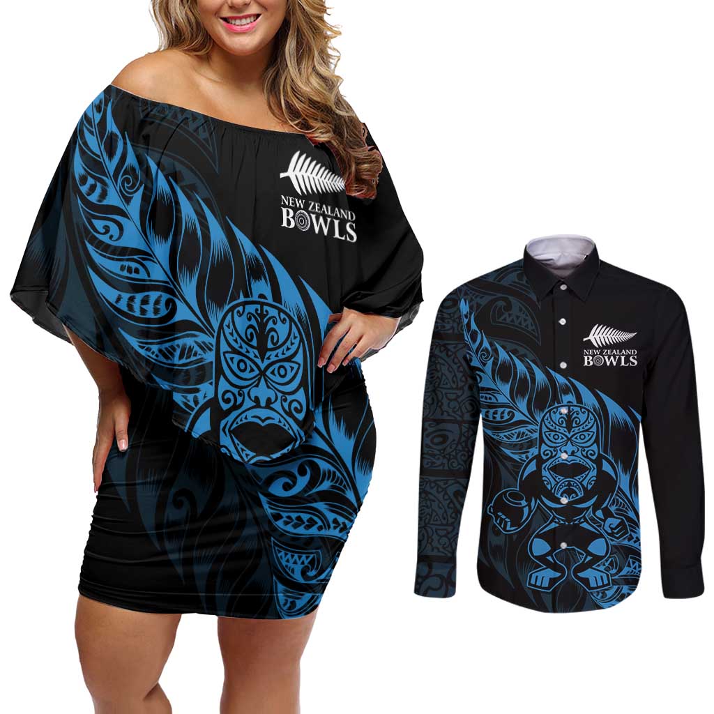 New Zealand Lawn Bowls Custom Couples Matching Off Shoulder Short Dress and Long Sleeve Button Shirt Blue Maori Warrior Tribal Silver Fern - Polynesian Pride