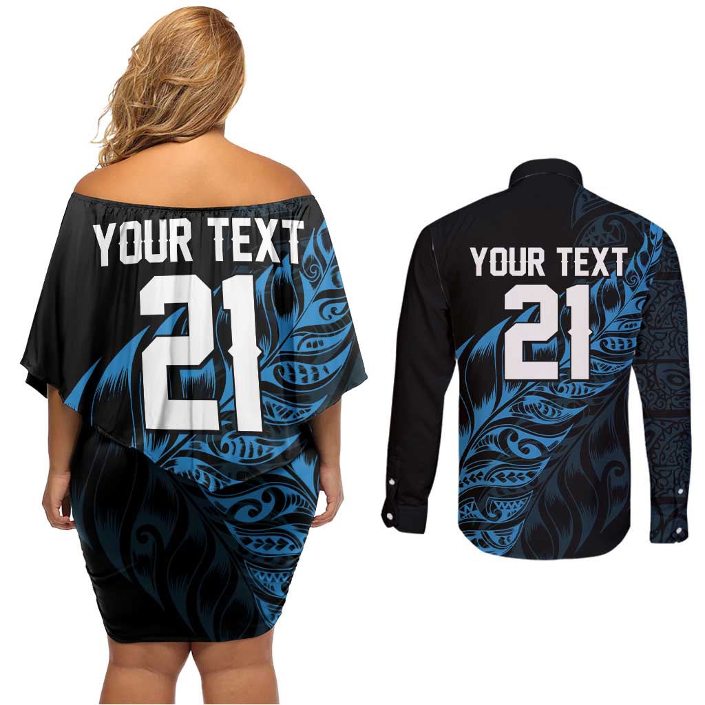 New Zealand Lawn Bowls Custom Couples Matching Off Shoulder Short Dress and Long Sleeve Button Shirt Blue Maori Warrior Tribal Silver Fern LT9 - Polynesian Pride