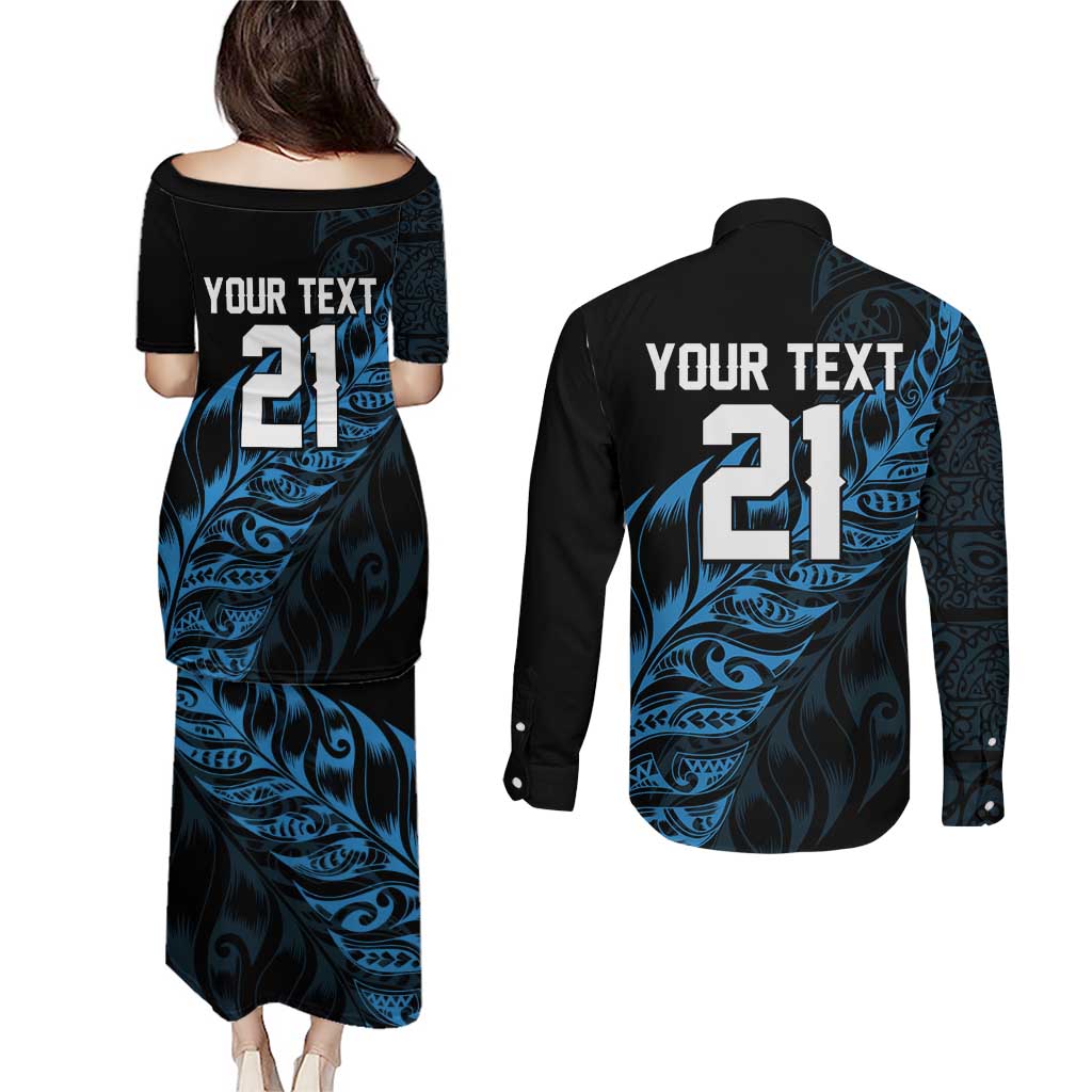 New Zealand Lawn Bowls Custom Couples Matching Puletasi and Long Sleeve Button Shirt Blue Maori Warrior Tribal Silver Fern LT9 - Polynesian Pride