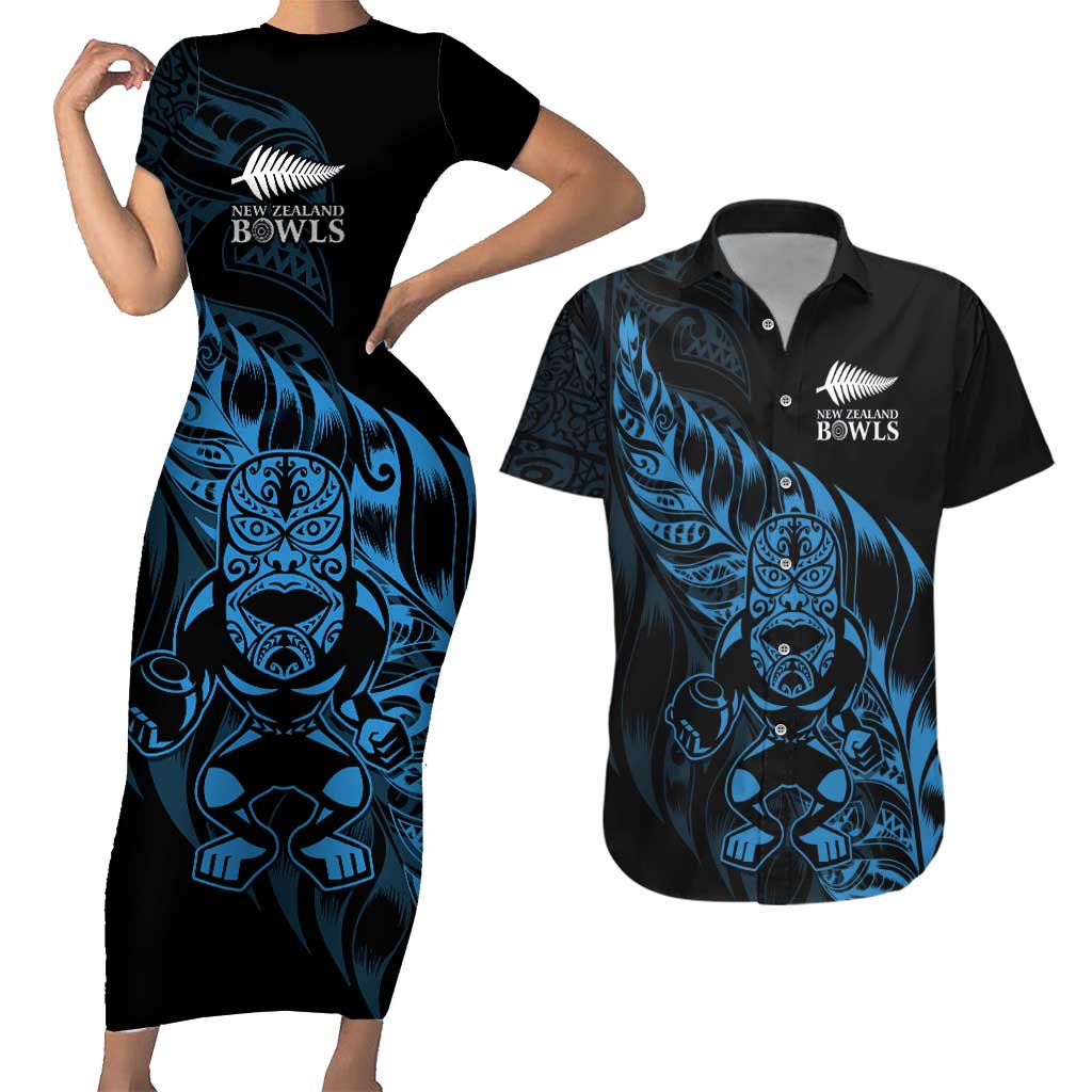 New Zealand Lawn Bowls Custom Couples Matching Short Sleeve Bodycon Dress and Hawaiian Shirt Blue Maori Warrior Tribal Silver Fern LT9 Blue - Polynesian Pride