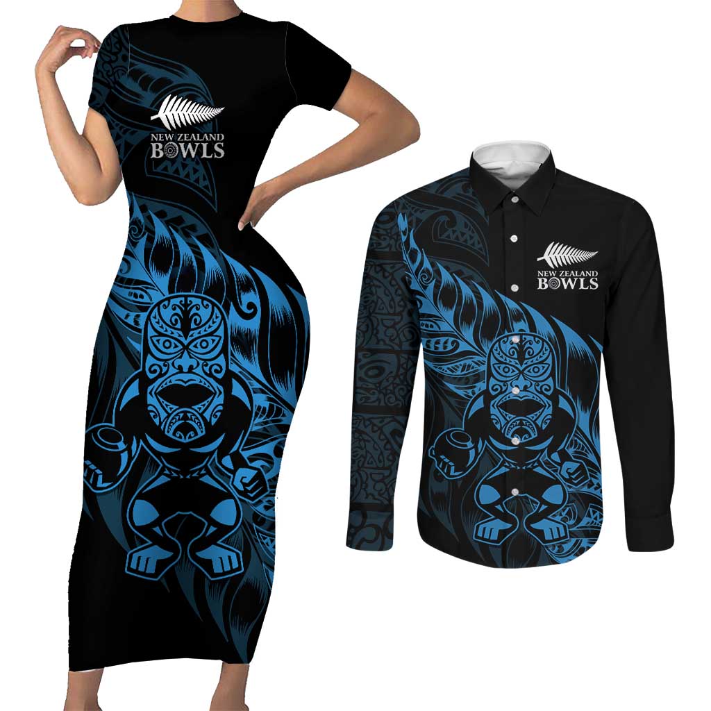 New Zealand Lawn Bowls Custom Couples Matching Short Sleeve Bodycon Dress and Long Sleeve Button Shirt Blue Maori Warrior Tribal Silver Fern - Polynesian Pride