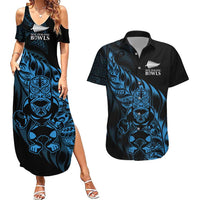 New Zealand Lawn Bowls Custom Couples Matching Summer Maxi Dress and Hawaiian Shirt Blue Maori Warrior Tribal Silver Fern LT9 Blue - Polynesian Pride