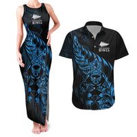 New Zealand Lawn Bowls Custom Couples Matching Tank Maxi Dress and Hawaiian Shirt Blue Maori Warrior Tribal Silver Fern LT9 Blue - Polynesian Pride