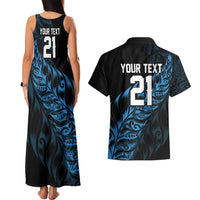 New Zealand Lawn Bowls Custom Couples Matching Tank Maxi Dress and Hawaiian Shirt Blue Maori Warrior Tribal Silver Fern LT9 - Polynesian Pride