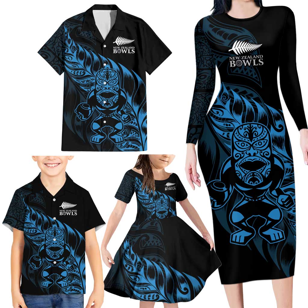 New Zealand Lawn Bowls Custom Family Matching Long Sleeve Bodycon Dress and Hawaiian Shirt Blue Maori Warrior Tribal Silver Fern LT9 - Polynesian Pride