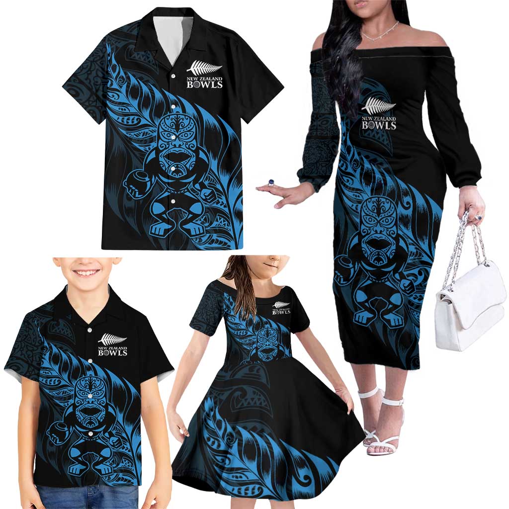 New Zealand Lawn Bowls Custom Family Matching Off The Shoulder Long Sleeve Dress and Hawaiian Shirt Blue Maori Warrior Tribal Silver Fern - Polynesian Pride