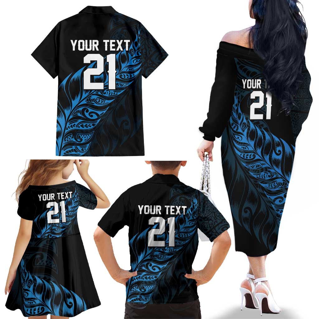 New Zealand Lawn Bowls Custom Family Matching Off The Shoulder Long Sleeve Dress and Hawaiian Shirt Blue Maori Warrior Tribal Silver Fern LT9 - Polynesian Pride