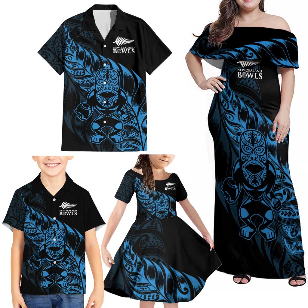 New Zealand Lawn Bowls Custom Family Matching Off Shoulder Maxi Dress and Hawaiian Shirt Blue Maori Warrior Tribal Silver Fern LT9 - Polynesian Pride