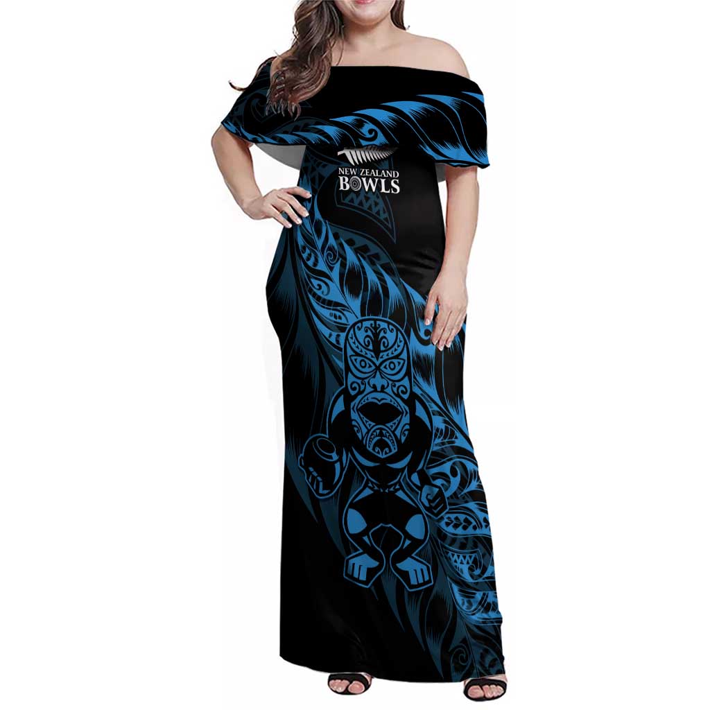 New Zealand Lawn Bowls Custom Family Matching Off Shoulder Maxi Dress and Hawaiian Shirt Blue Maori Warrior Tribal Silver Fern LT9 Mom's Dress Blue - Polynesian Pride