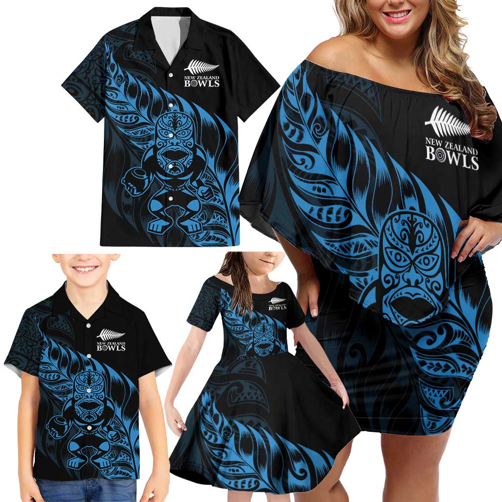 New Zealand Lawn Bowls Custom Family Matching Off Shoulder Short Dress and Hawaiian Shirt Blue Maori Warrior Tribal Silver Fern - Polynesian Pride