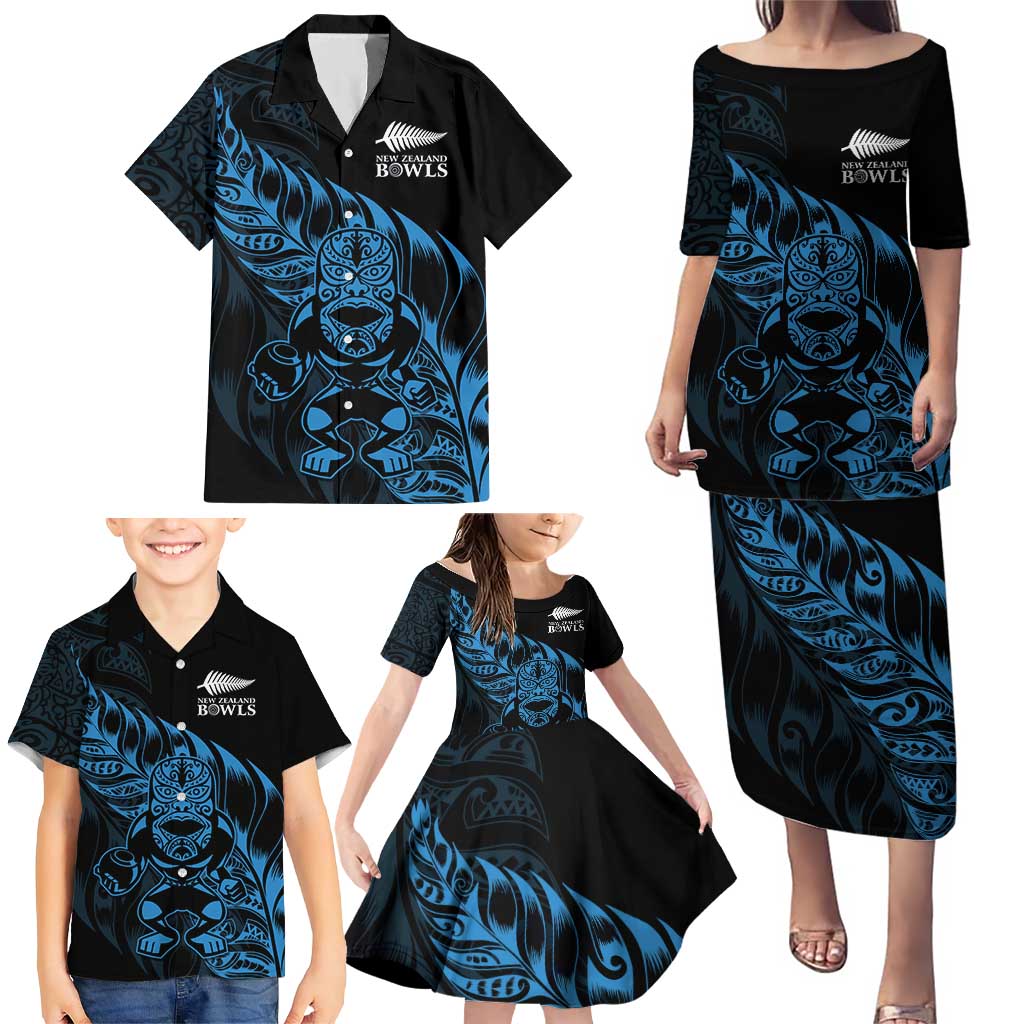 New Zealand Lawn Bowls Custom Family Matching Puletasi and Hawaiian Shirt Blue Maori Warrior Tribal Silver Fern LT9 - Polynesian Pride