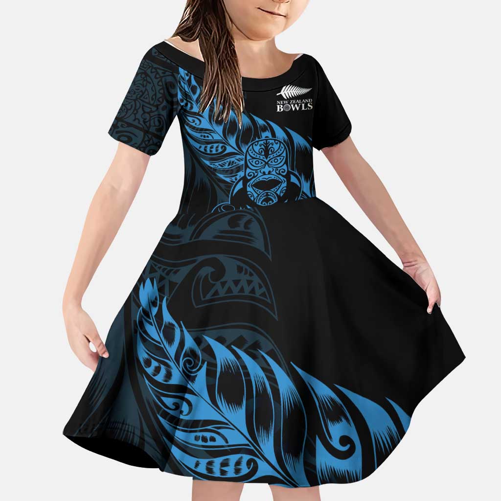 New Zealand Lawn Bowls Custom Family Matching Short Sleeve Bodycon Dress and Hawaiian Shirt Blue Maori Warrior Tribal Silver Fern LT9 Daughter's Dress Blue - Polynesian Pride