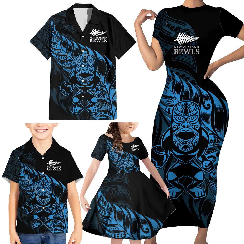 New Zealand Lawn Bowls Custom Family Matching Short Sleeve Bodycon Dress and Hawaiian Shirt Blue Maori Warrior Tribal Silver Fern - Polynesian Pride