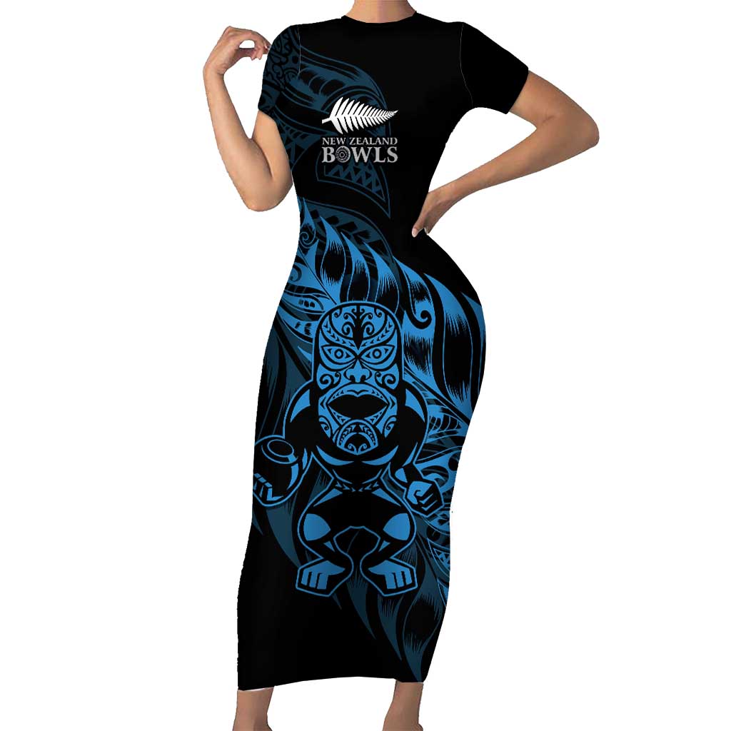 New Zealand Lawn Bowls Custom Family Matching Short Sleeve Bodycon Dress and Hawaiian Shirt Blue Maori Warrior Tribal Silver Fern LT9 Mom's Dress Blue - Polynesian Pride